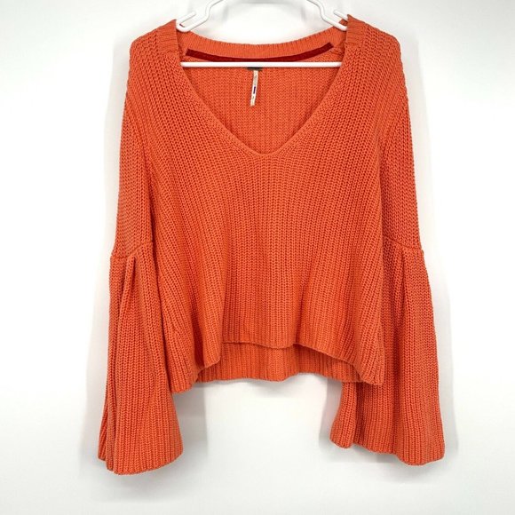Free People Sweater Damsel Orange VNeck Ribbed Pullover Bell Sleeve - Picture 4 of 12